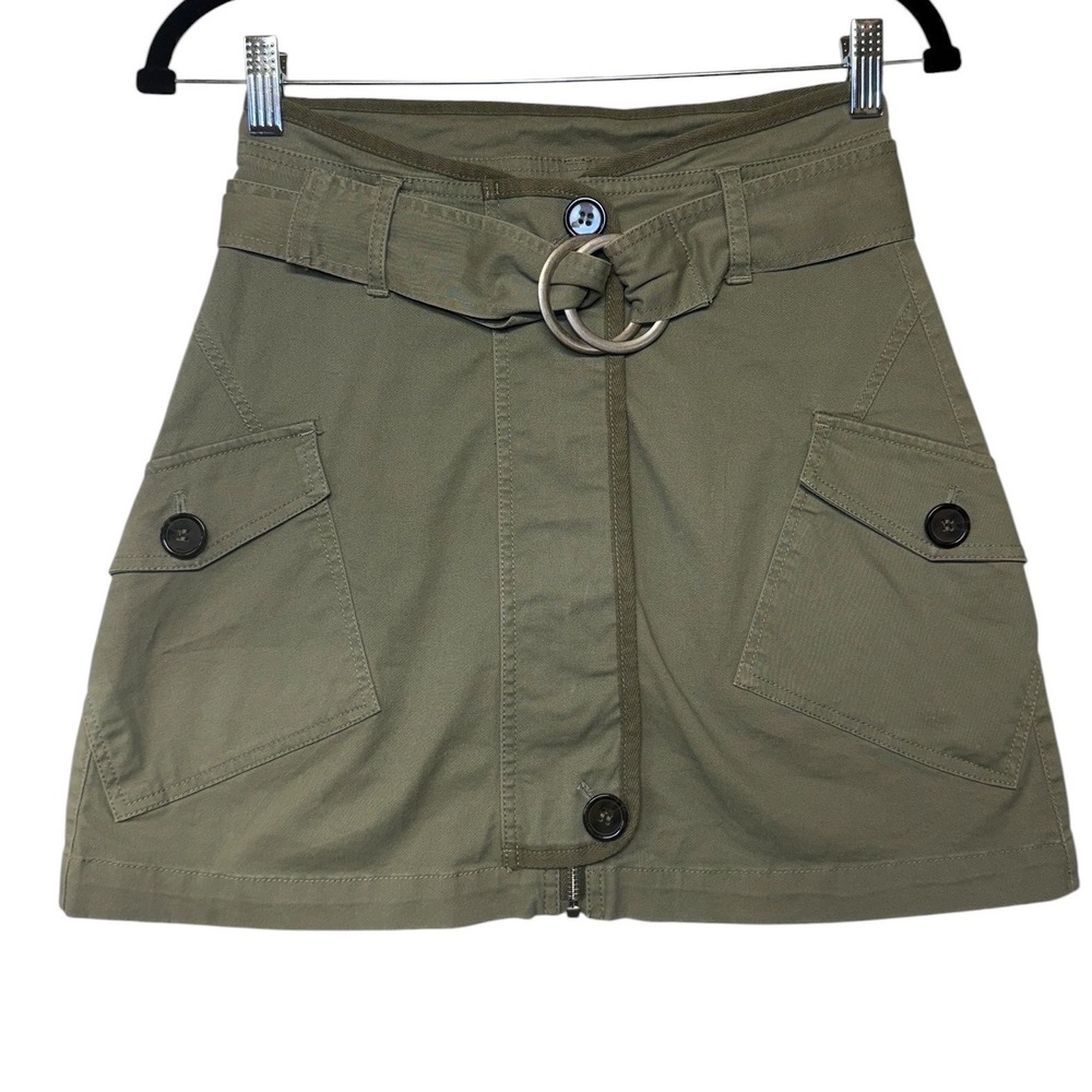 Avec Les Filles Olive Green Belted Cargo Mini Skirt XS Utility Stretch Cotton